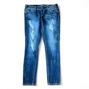 Almost Famous Women's Distressed Low Rise Skinny Blue Jeans SZ 11